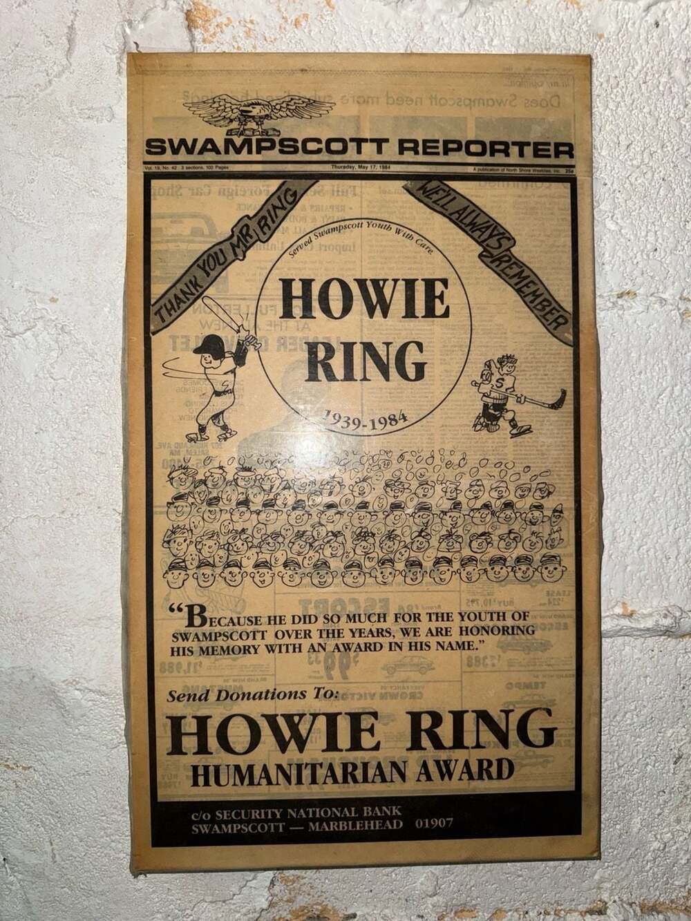 Vintage 1984 Swampscott Reporter Howie Ring Humanitarian Award Tribute Newspaper